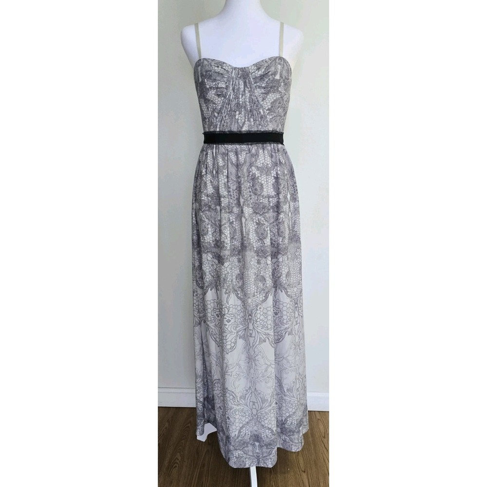 BCBGMAXAZRIA AMBER GRAY WHITE CASCADE FAIRY STRAPLESS LONG FORMAL SIZE 8